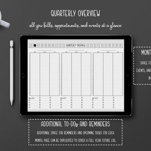 May include: A digital planner on a tablet with the text "Quarterly Overview" and "Monthly Views". The planner includes sections for bills, appointments, and events. A white stylus and a cup of coffee are also visible.