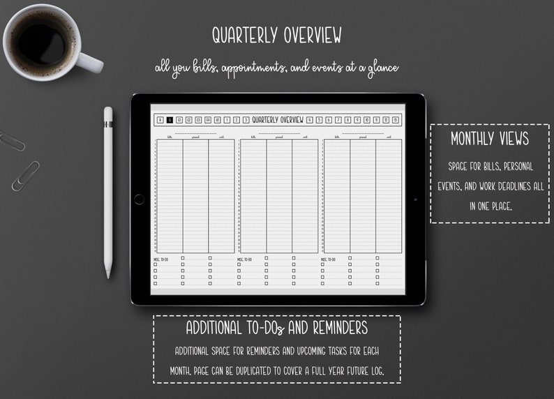 May include: A digital planner on a tablet with the text "Quarterly Overview" and "Monthly Views". The planner includes sections for bills, appointments, and events. A white stylus and a cup of coffee are also visible.