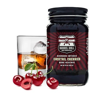 Dark Reserve Gourmet Cocktail Cherries - Excellent Gift- Bourbon Infused-  USA Grown & Made - 16 oz Jar - By Barrel Roll Bar Essentials