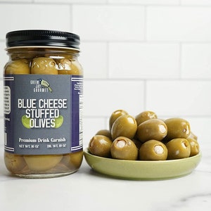 Gourmet Stuffed Olives- Small Batch, High Quality- Cocktail Olives- Excellent Gift - 16 Oz Jar