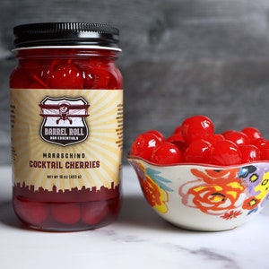 Maraschino Gourmet Cocktail Cherries - Dessert Cherries-  Excellent Gift- USA Grown & Made - 16 oz Jar - By Barrel Roll Bar Essentials