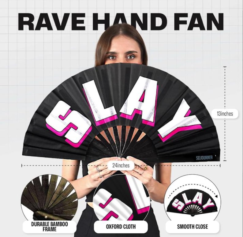 Large Rave Folding Fan: Bamboo Festival Hand Fan image 5