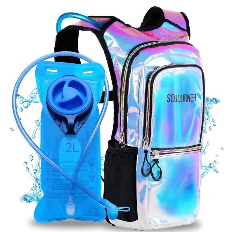 May include: A blue and iridescent holographic hydration backpack with a 2L water bladder. The backpack has a mesh pocket on the side and a zippered pocket on the front. The text "SOJOURNER" is printed on the front pocket.