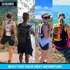 May include: Four people wearing different backpacks, including a holographic backpack, a black backpack, a silver holographic backpack, and a gold holographic backpack. The text "SOJOURNER" and "BUILT FOR YOUR NEXT ADVENTURE" is visible in the image.
