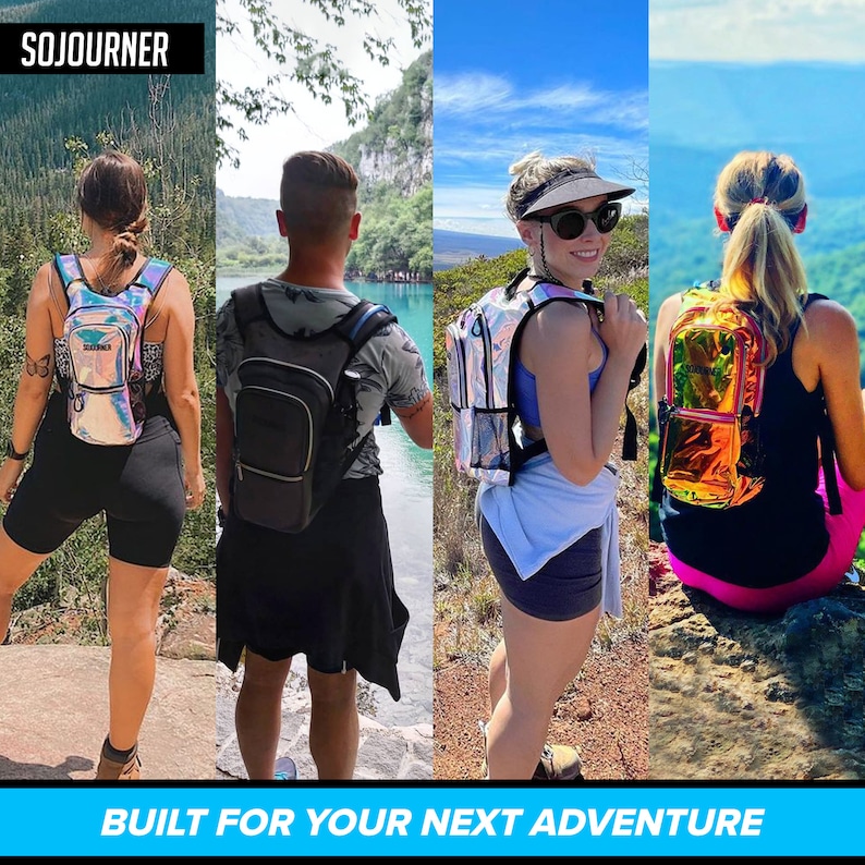 May include: Four people wearing different backpacks, including a holographic backpack, a black backpack, a silver holographic backpack, and a gold holographic backpack. The text "SOJOURNER" and "BUILT FOR YOUR NEXT ADVENTURE" is visible in the image.
