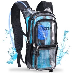May include: A clear, black, and blue hydration backpack with a mesh back panel and a hydration bladder. The backpack has a zippered pocket on the front and a large main compartment. The hydration bladder is visible through the clear material of the backpack. The backpack is surrounded by water splashes.