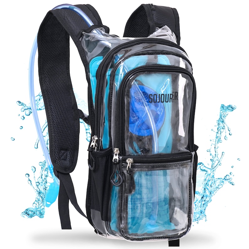 May include: A clear, black, and blue hydration backpack with a mesh back panel and a hydration bladder. The backpack has a zippered pocket on the front and a large main compartment. The hydration bladder is visible through the clear material of the backpack. The backpack is surrounded by water splashes.