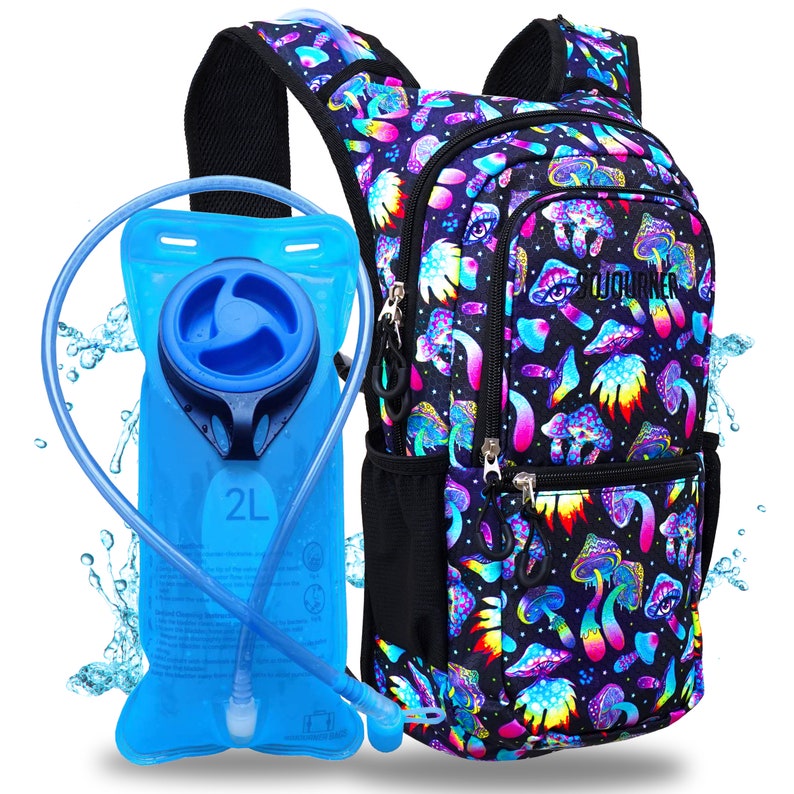 May include: A black and blue hydration backpack with a psychedelic mushroom print. The backpack has a 2L hydration bladder with a blue tube.