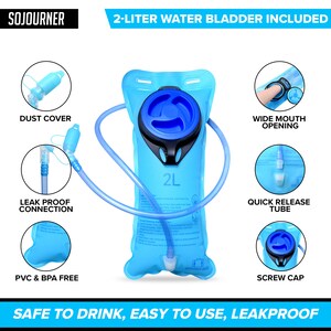 May include: A blue 2-liter water bladder with a wide mouth opening, a screw cap, and a quick release tube. The bladder is leak-proof and includes a dust cover.  The bladder is PVC and BPA free.  "SAFE TO DRINK, EASY TO USE, LEAKPROOF"