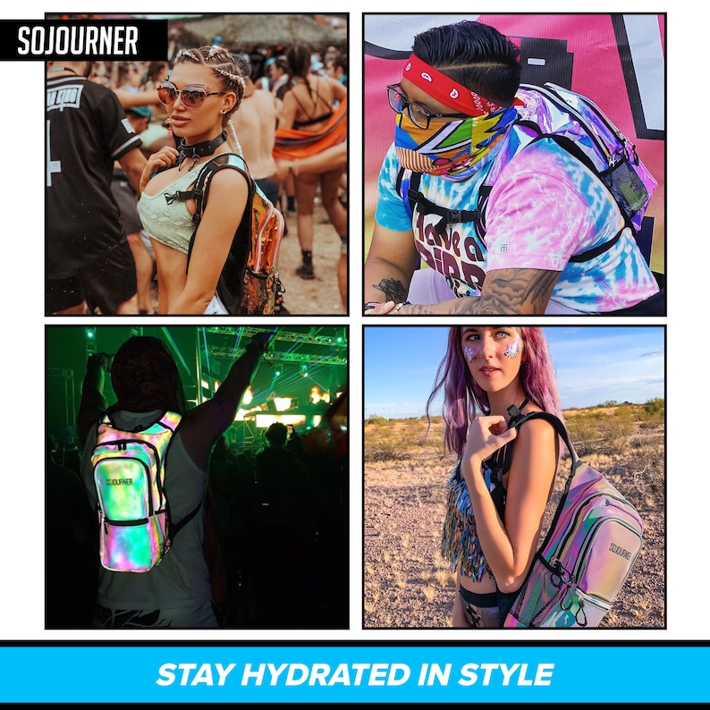 May include: Four people are wearing iridescent backpacks with the word "SOJOURNER" printed on them. The backpacks have a clear plastic bladder for carrying water. The image has the text "STAY HYDRATED IN STYLE".