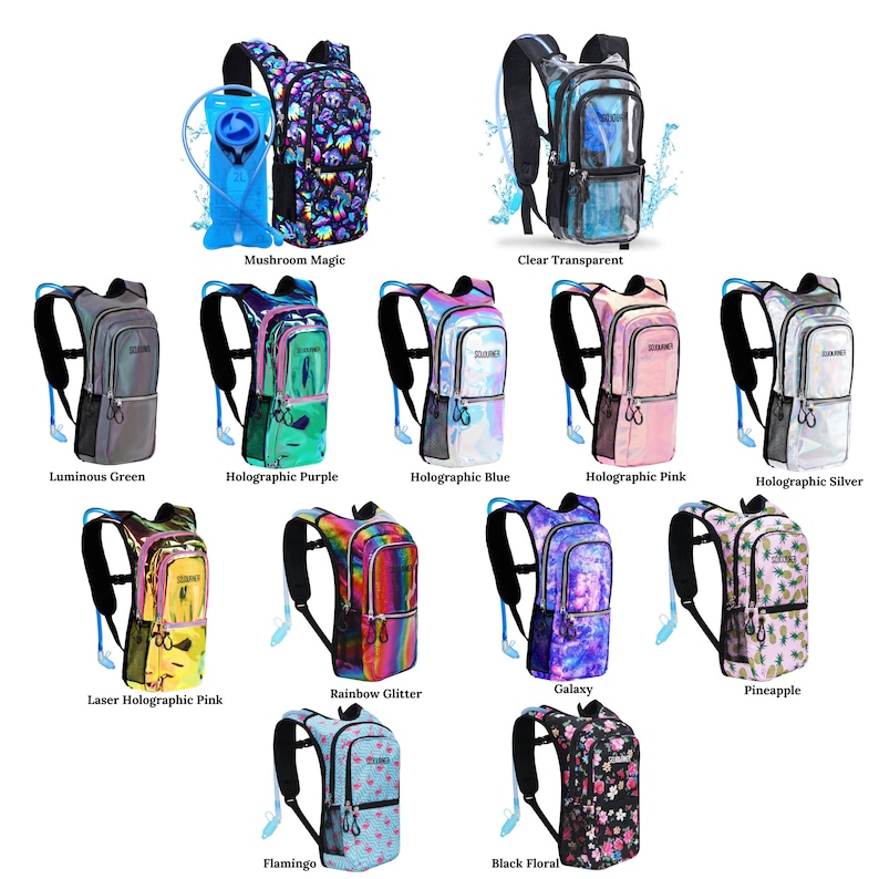 May include: A collection of 12 hydration backpacks with various designs, including holographic, floral, and glitter patterns. The backpacks have a clear plastic bladder and a tube for drinking water.