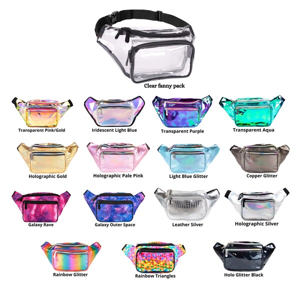 Rave Holographic Fanny Pack - Packs for festival women, men | Cute Fashion Waist Bag Glitter Shiny Neon Bright Transparent Belt Bags