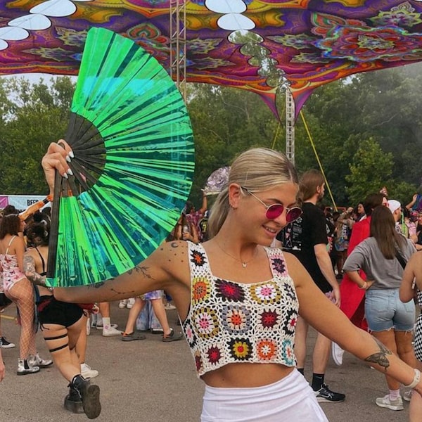 SoJourner Bags Rave Hand Fan - Large Folding Fans for Festivals, Drag Queen & Burlesque – Cute Holographic Rave Accessories for Women