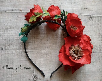 Red Poppy Headband, Poppy Hair Flowers, Floating red poppies headpiece , Wedding headpiece, Flower сrown, Colourful Hair Accessory