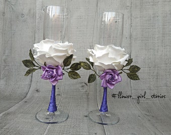 Rose Champagne Glass, provence flower décor, boho toasting flutes, Champagne Flute, mr mrs glasses, Hand Decorated Set of 2