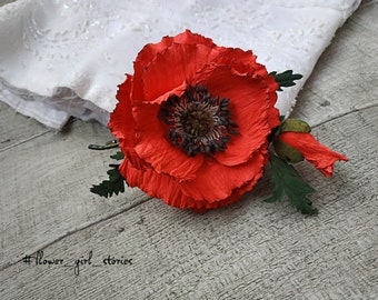 Red Poppy Brooch Hair Clip, Real Touch Poppy Flower Brooch, Red Flower Hair Clip, Field Flower in Hair, Artificial Poppy, Poppy Boutonniere