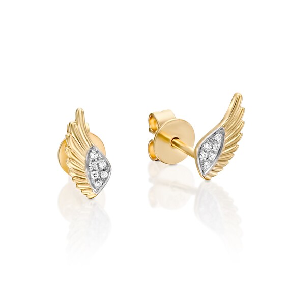 Angel Wing Diamond Stud Earrings 14K Gold For Her | Etsy