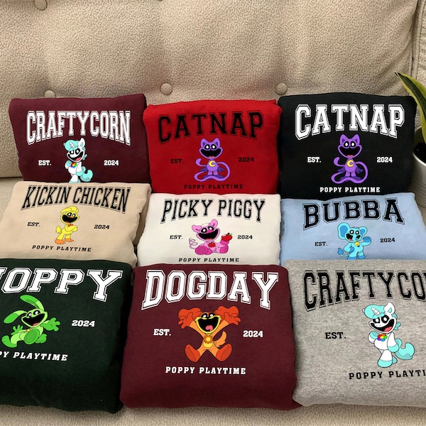 Poppy Playtime Characters Of Years Shirt, Picky Piggy, Craftycorn, Bubba, Kickin Chicken, Dogday, Catnap, Hoppy Tee