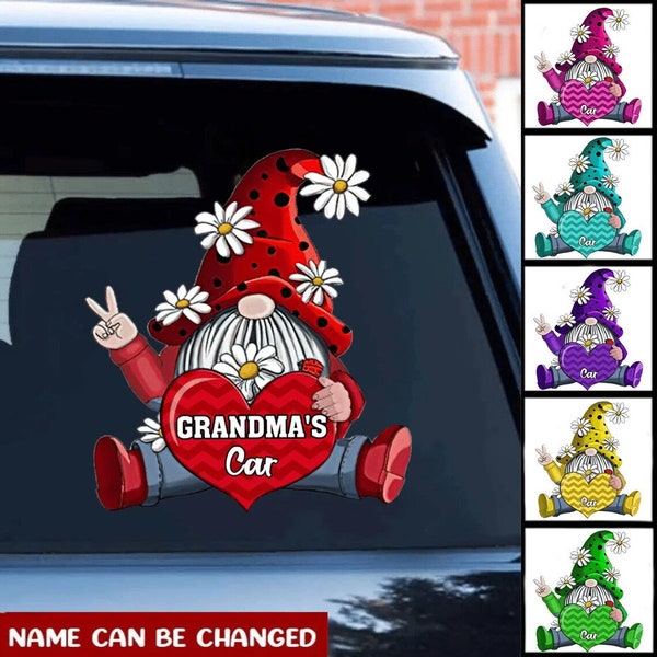Gnome Daisy Heart Personalized Color And Name Car Decal, Grandma's Car Mom's Car Sticker, Family Gnome Hippie Decal Sticker For Grandma Mom