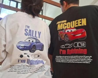 Passendes Vintage-Cars-Shirt, Lightning McQueen und Sally-Paar-T-Shirt, limitiertes McQueen-T-Shirt, übergroßes, gewaschenes T-Shirt