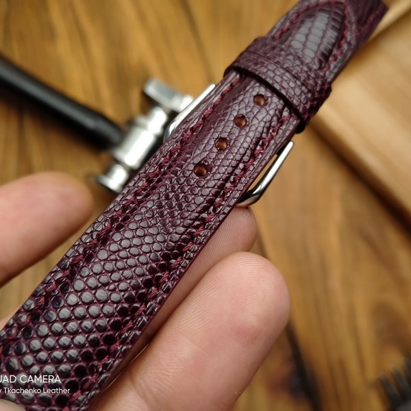 Burgundy Lizard Leather Watch Band: Handmade Bespoke Strap