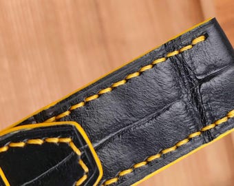 Handmade Black Alligator Leather Watch Band: Bespoke Flat Style