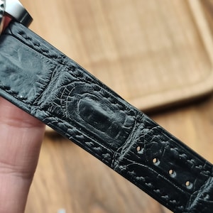 Black alligator bespoke leather band, Only hand stitching and customized size for your favorite watch. Flat style, gift for watch