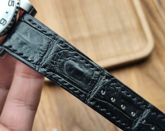 Handmade Black Alligator Leather Watch Band: Bespoke Flat Style