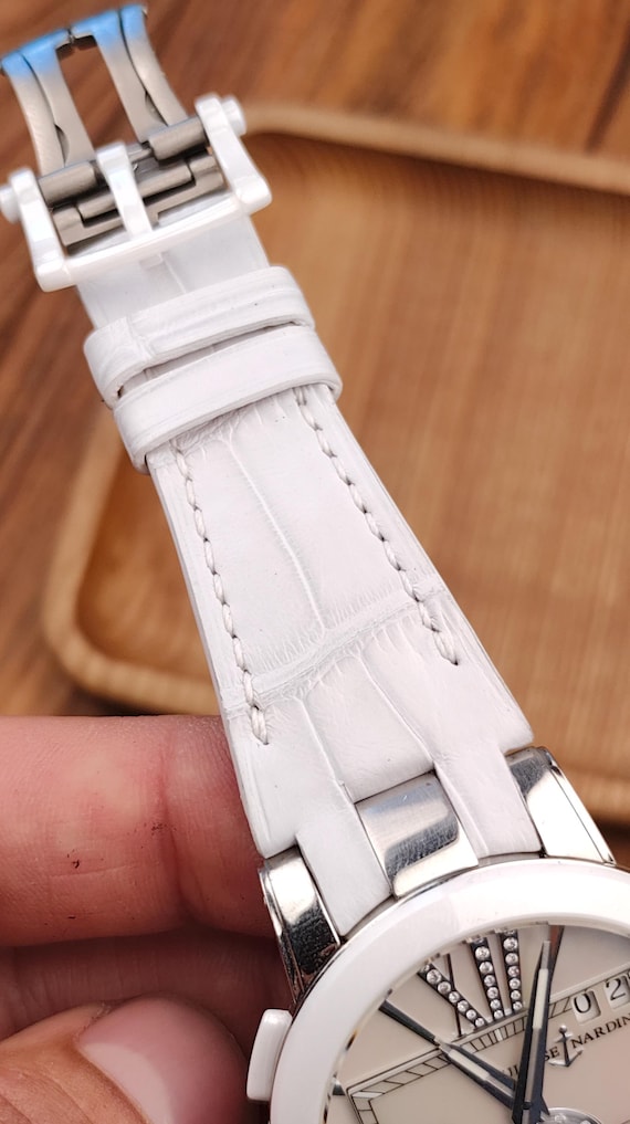 White Alligator Leather Watch Band for Ulysse Nardin Executive 243
