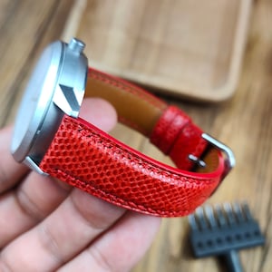 Red carung snake bespoke leather, Only hand stitching and customized size for your favorite gift for watch 19 21 23 mm gift for watch
