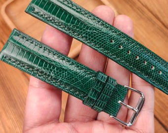 Emerald Lizard Leather green Watch Band: Handmade Bespoke Strap