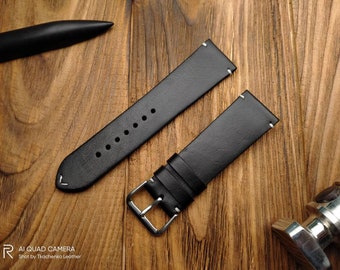 Hand Stitched Black Leather Watch Band: Bespoke Padded Style