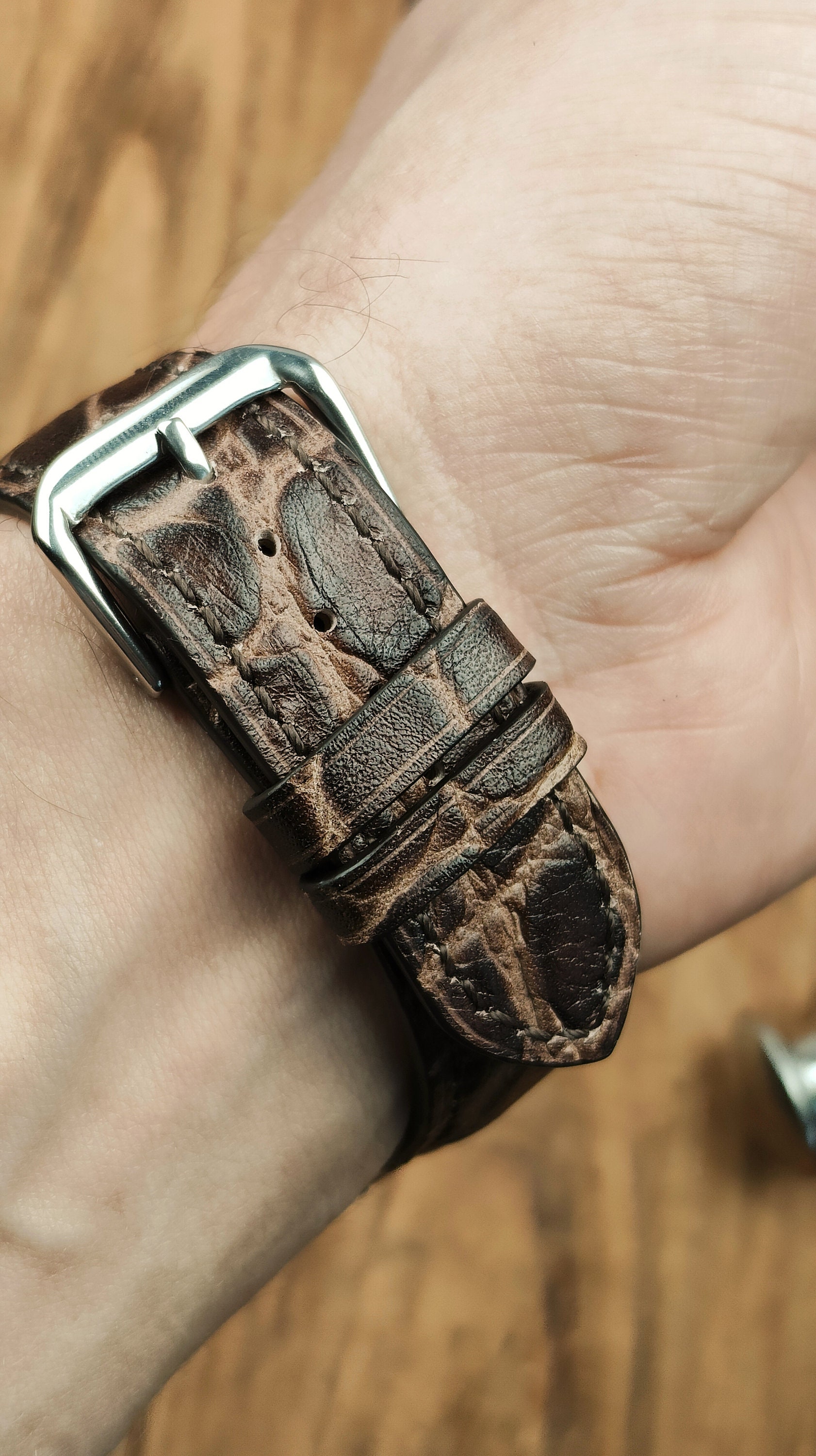 Handmade Brown Calf Leather Watch Band: Bespoke Stitching