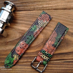 ANY MODIFICATION red green yellow bespoke lizard leather band, Only hand stitching and customized size for your favorite watch.