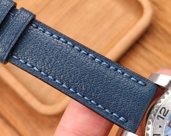 Hand Stitched Navy Goat Leather Watch Band - Custom Size