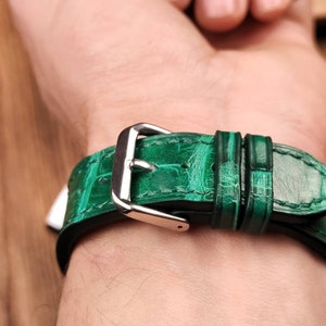 Green alligator bespoke leather band, Only hand stitching and customized size for your favorite watch. Gift for watch