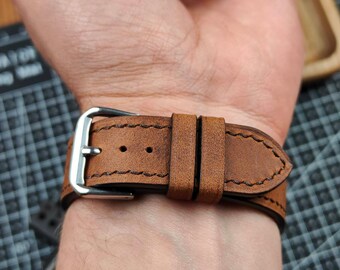 Handmade Brown Calf Leather Watch Band: Custom Sizes
