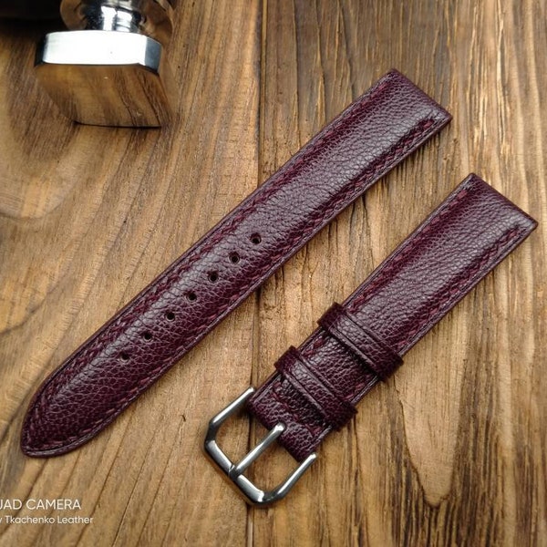 Pulseira de relógio em couro de cabra bordô costurada à mão - tamanho personalizado