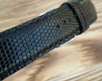 Hand Stitched Black Lizard Leather Watch Band - Bespoke Padding Style