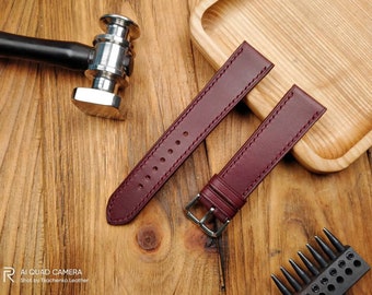 Hand Stitched Burgundy Leather Watch Band: Custom Size, Maroon Padding