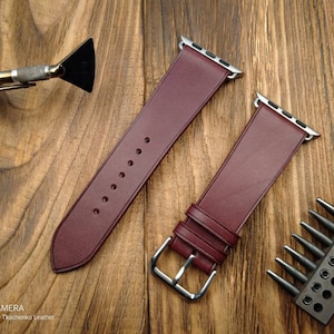 ANY MODIFICATION Burgundy bespoke leather band, Only hand stitching and customized size for your favorite watch. Flat style