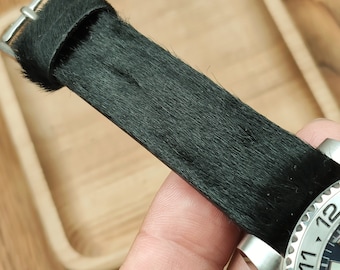 Black Fluffy Leather Watch Band: Handmade Calf Leather Strap