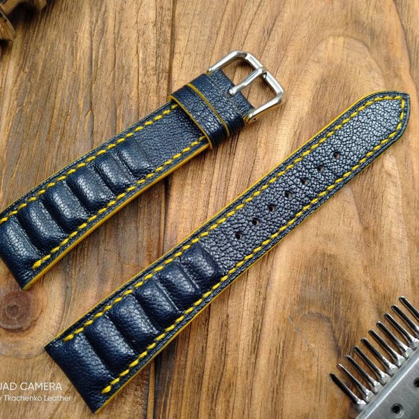 Navy watch band leather 16 18 19 20 21 handcrafted watch straps watchbands navy Lizard strap small wrist blue leather quick release pins