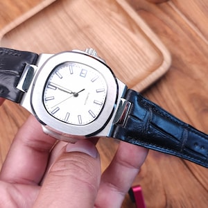 Pulseira de relógio para Nautilus 40 mm, pulseira de relógio de couro de jacaré preta personalizada, presente para homens