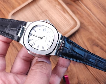 Nautilus 40mm Watch Band: Custom Black Alligator Leather Strap