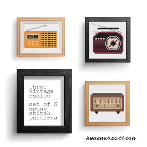 May include: Three vintage radio cross stitch patterns in black, brown, and wood frames. The patterns feature a red, a yellow, and a brown radio.