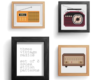 Tre radio vintage Set di 3 moderni piccoli schemi a punto croce