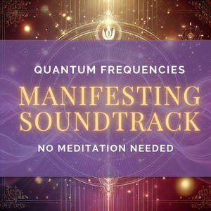 Może przedstawiać: Fioletowe tło z złotym okręgiem zawierającym tekst "QUANTUM FREQUENCIES MANIFESTING SOUNDTRACK NO MEDITATION NEEDED". Tło ma geometryczny wzór ze złotymi liniami i kropkami.