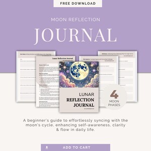 Könnte beinhalten: Ein druckbares Journal mit einer farbenfrohen Illustration von Mond und Sternen. Das Journal trägt den Titel "Lunar Reflection Journal" und wird als Leitfaden für Anfänger beschrieben, um sich mit dem Mondzyklus zu synchronisieren. Das Journal umfasst vier Mondphasen.