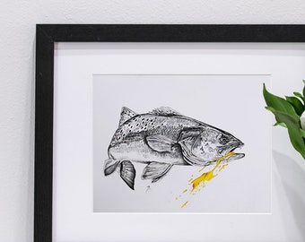 Yellowmouth Melting Mixed Media Print | Inshore Saltwater Fishing Portrait | Prismacolor and Charcoal Artwork | Giclee Prints